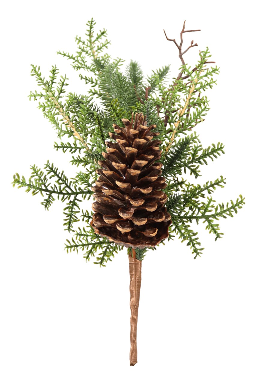 20" Pine Pick with Cone – Waterproof Artificial Holiday Floral Stem 12 Pack